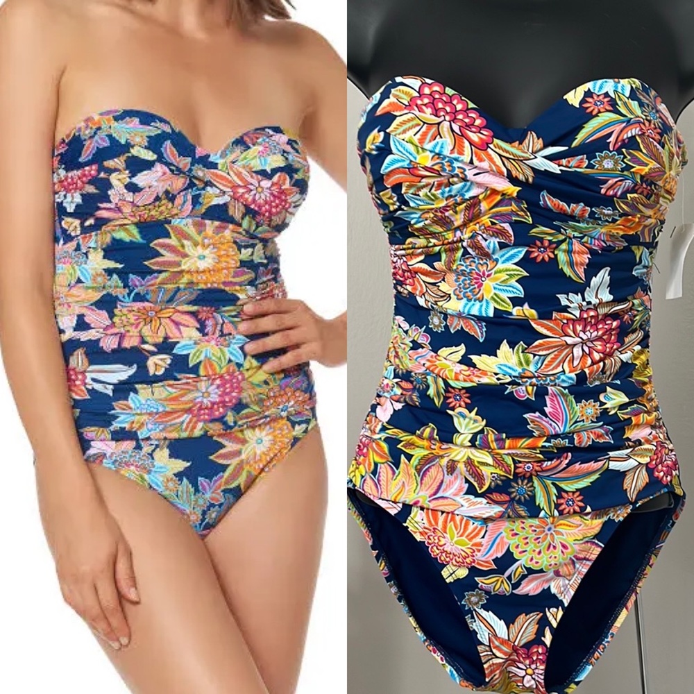 NWT Blue Rod Beattie Bandeau Navy Multi One Piece Swimsuit